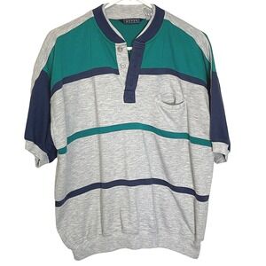 Envoy Large Grey Teal Henley Sweatshirt Colorblock Striped 90s Retro Granddad